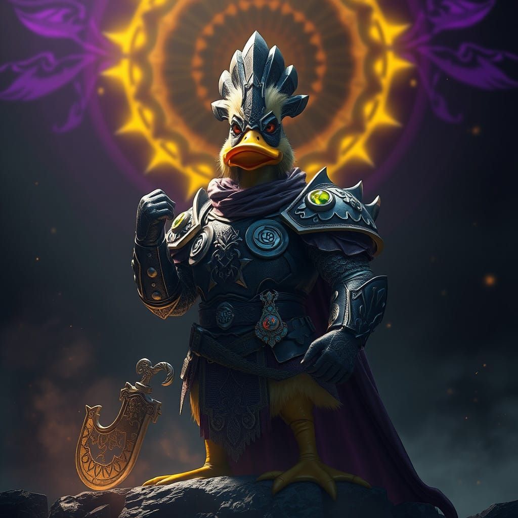 Dark Fantasy Duck Warrior in Vivid Armor