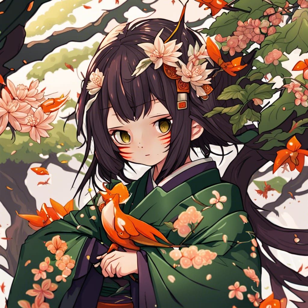 Girl with Bird Wings and Oni Mask in Anime Style