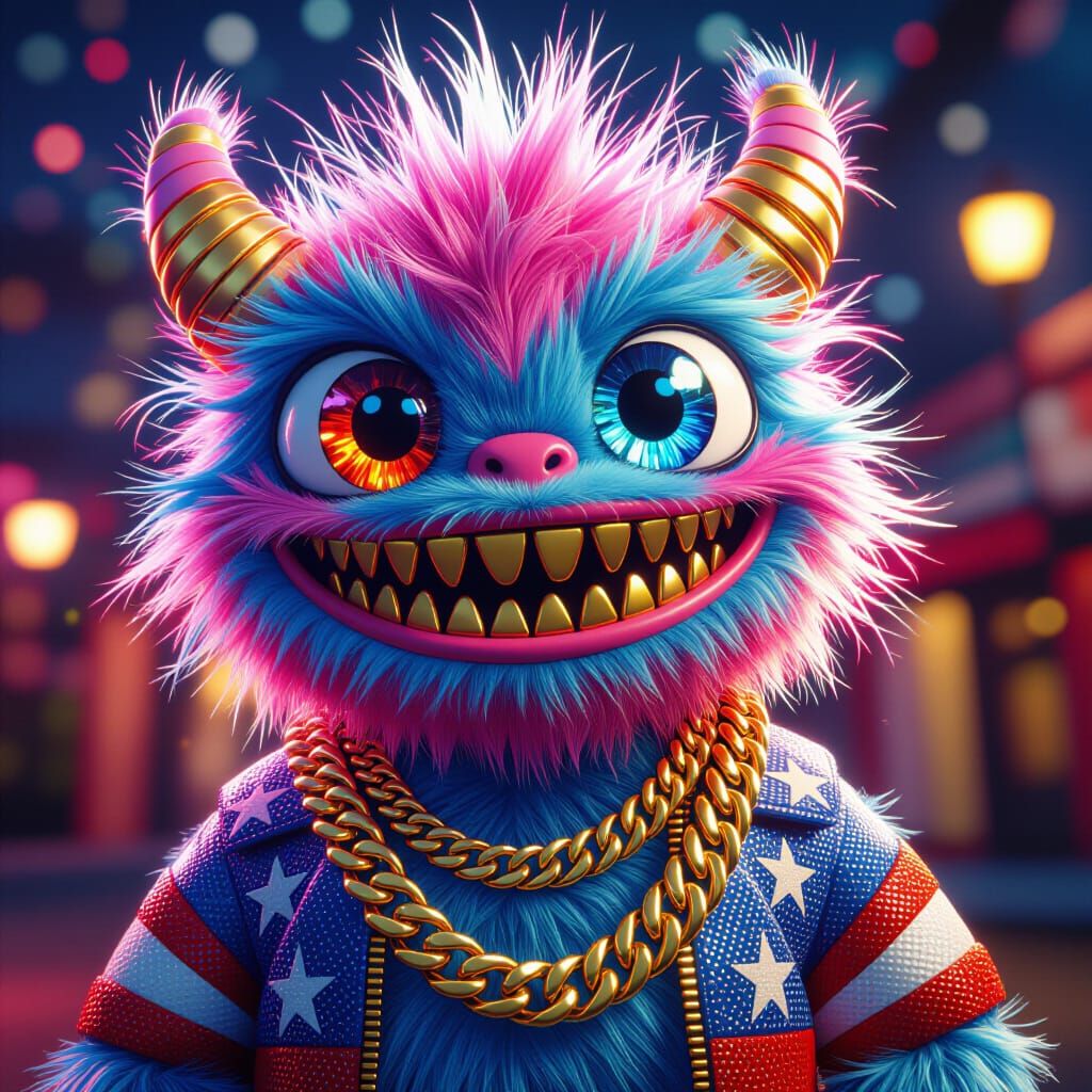 Patriotic Fluffy Monster in Ornate Digital Portrait