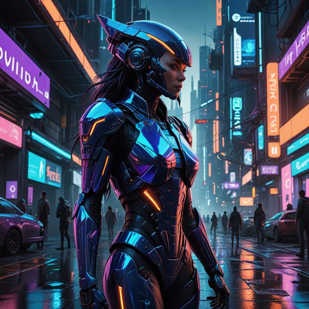 Cyberpunk Goddess Amidst Futuristic Metropolis