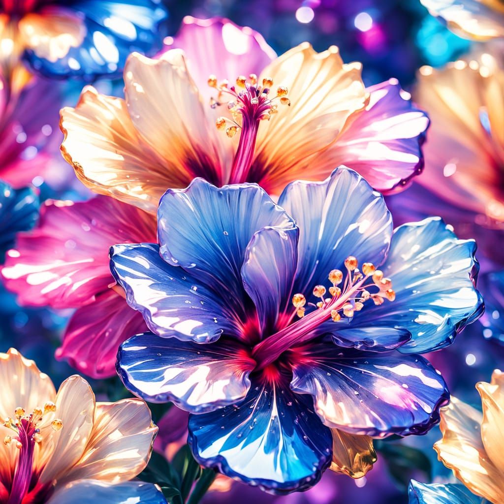 Crystal Hibiscus Flowers with Sapphire Petals: Digital Art