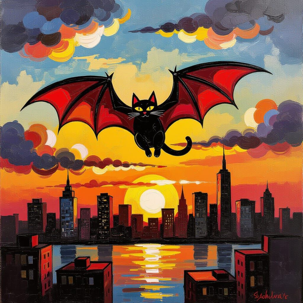 Bat-Winged Cat Soaring Above City: Impasto Painting