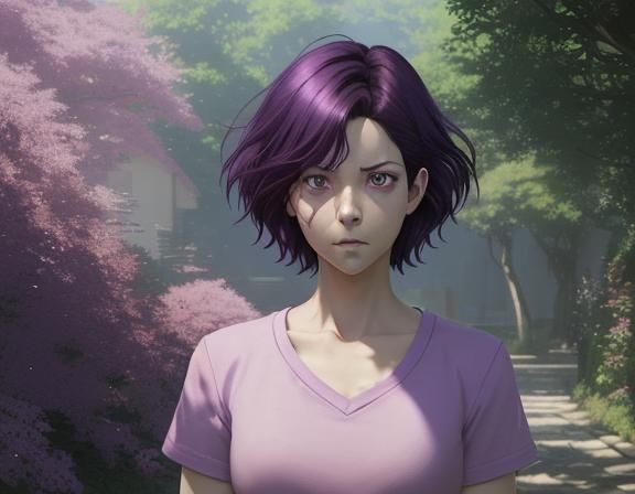 Anime Girl with Purple Hair in Ghibli Style