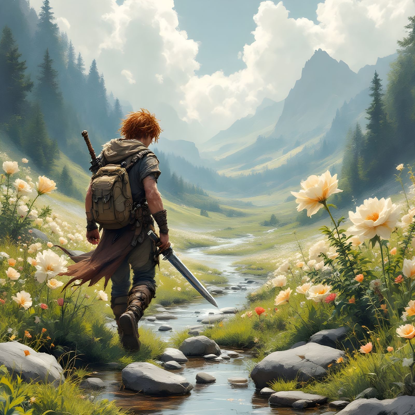 Dark Fantasy Adventurer in a Spring Valley