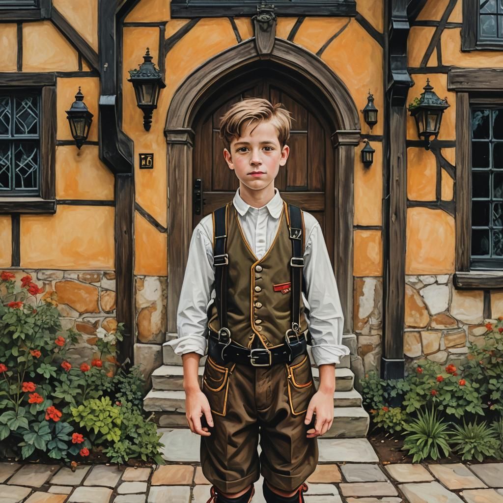 Boy in Liederhosen Outside Tudor Home