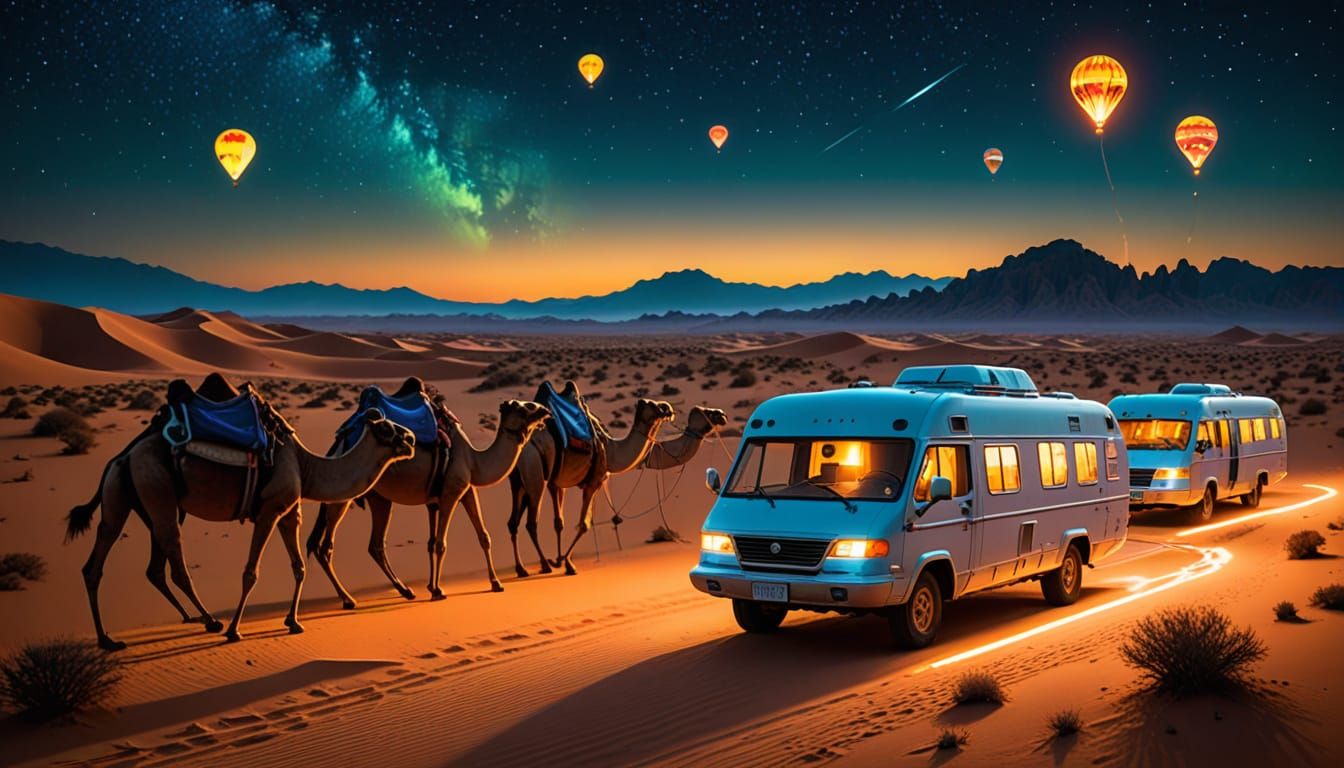 Camels and Futuristic Speeders Meet in Desert Night Scene