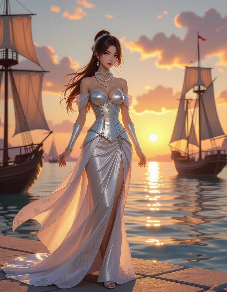 Harbor Maiden at Sunset: Fantasy Anime Art