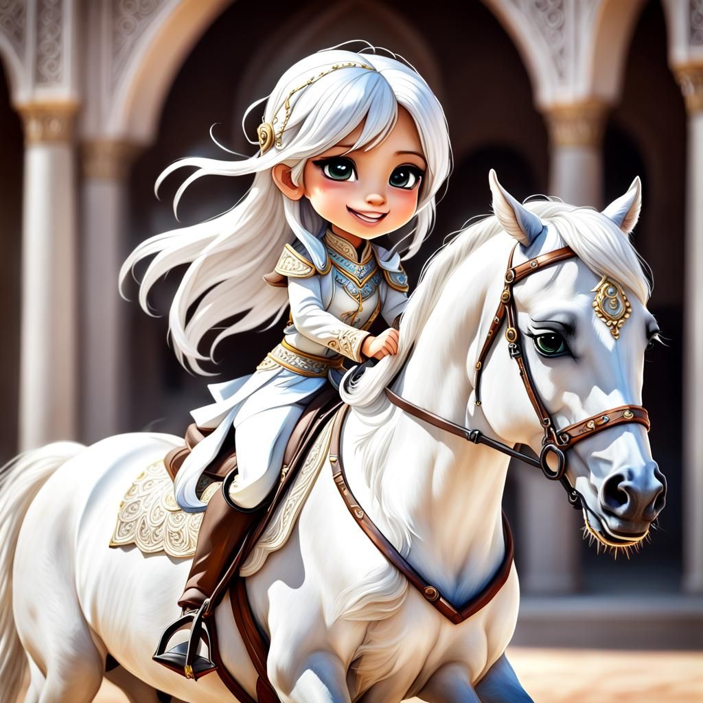 Joyful Chibi Girl on White Arabian Horse