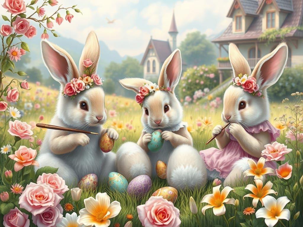 Bunnies Painting Easter Eggs in Floral Meadow