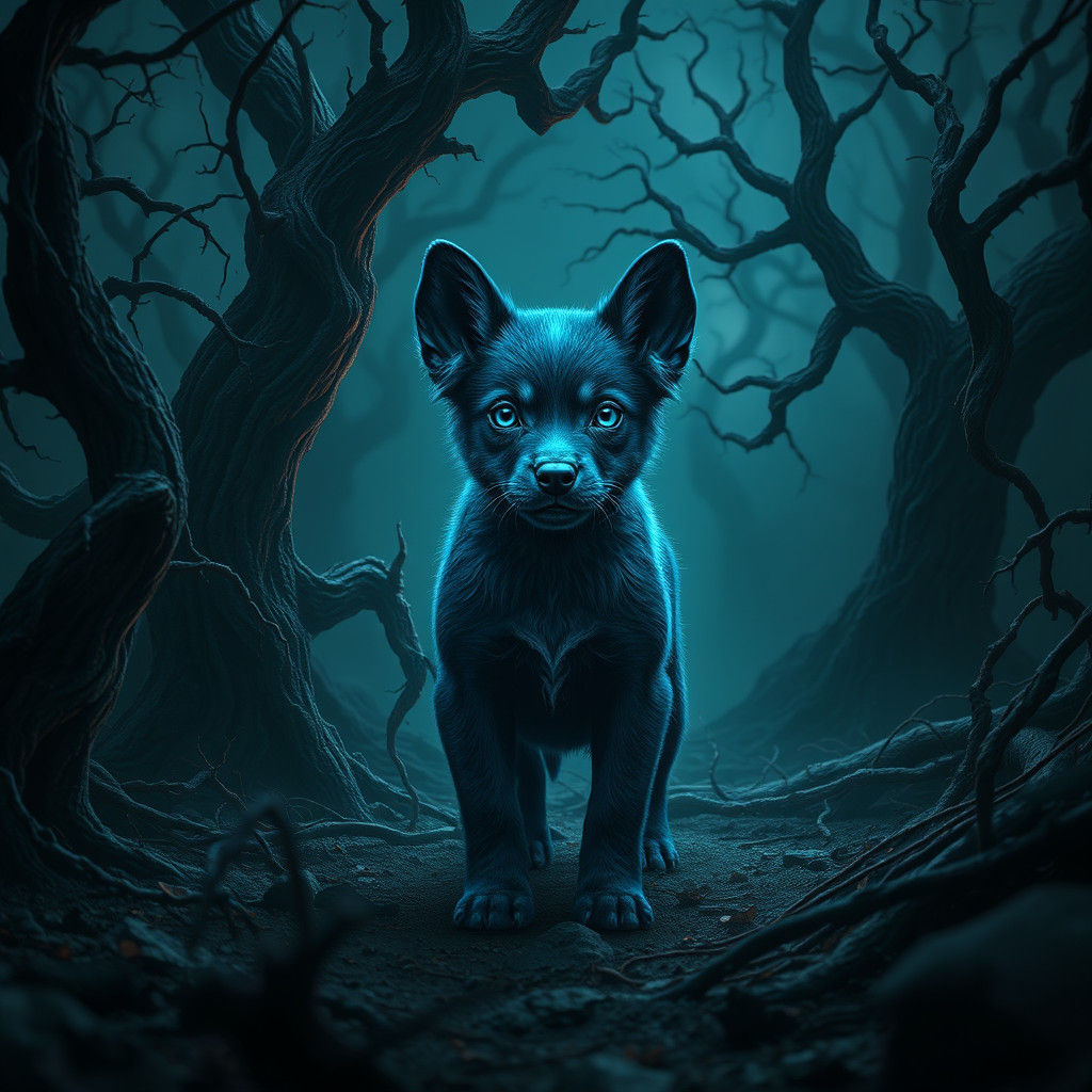 Eerie Blue Puppy in Dark Fantasy Landscape