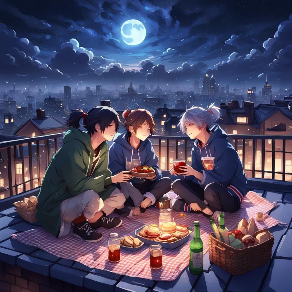 Rooftop Picnic Under the Stars: 3D Anime Art
