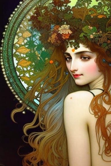 Beautiful Dryad with Autumn Leaves, Art Nouveau Style