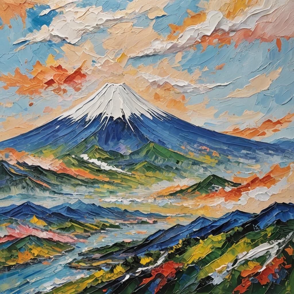 Mount Fuji Impasto Painting with Complementary Colors