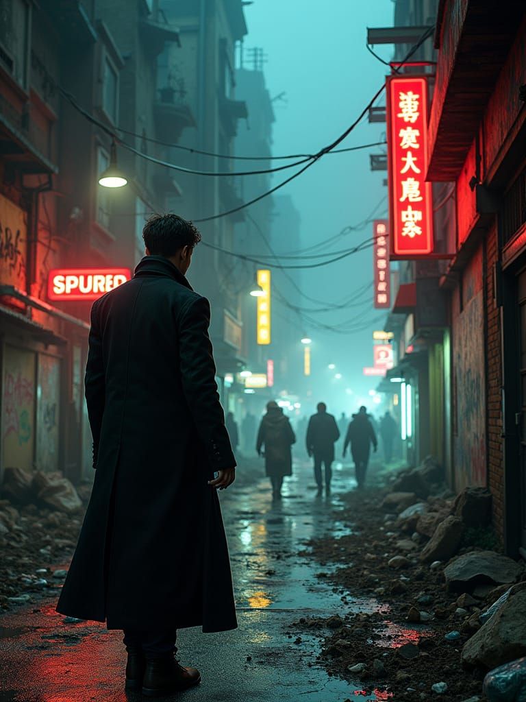 Decayed Cyberpunk Cityscape at Night