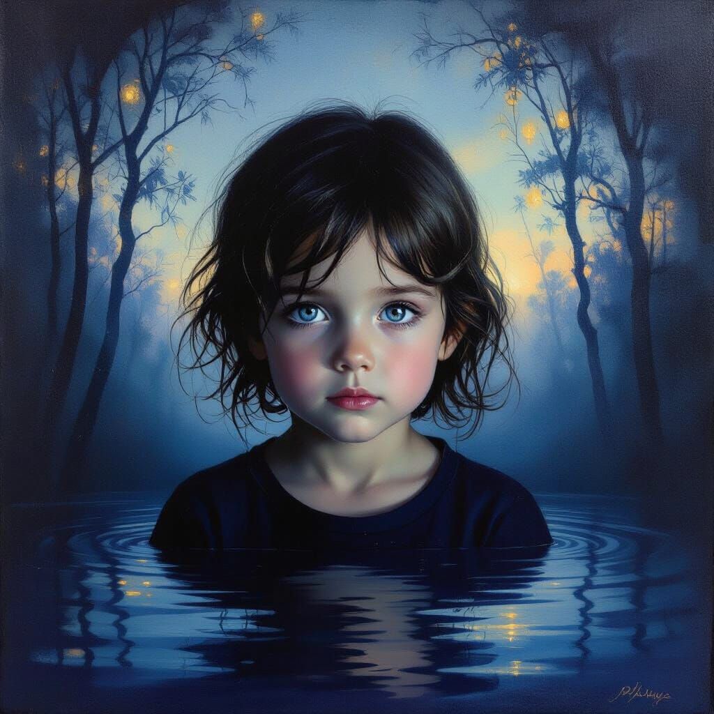 Ethereal Child Gazing Back in Surreal Oil Painting