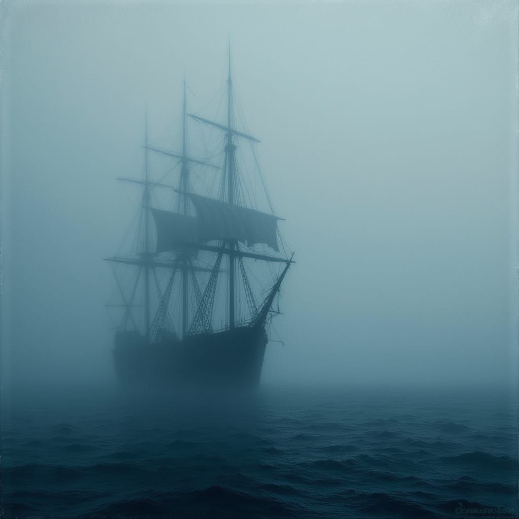 Ghostly Tall Ship Emerging from Fog in Monochromatic Paintin...