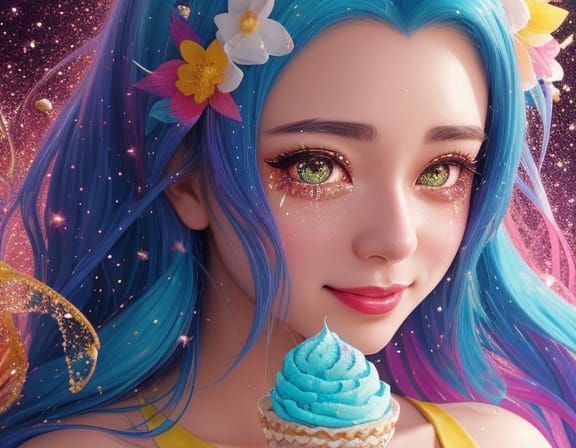 Cheerful Anime Girl With Melting Ice Cream, Surreal Splash A...