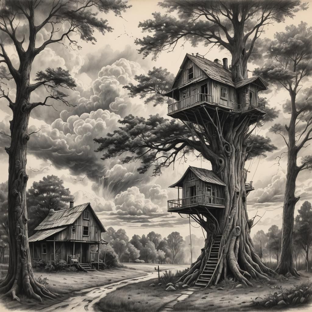 Rustic Treehouse in Clouds: Charcoal Drawing