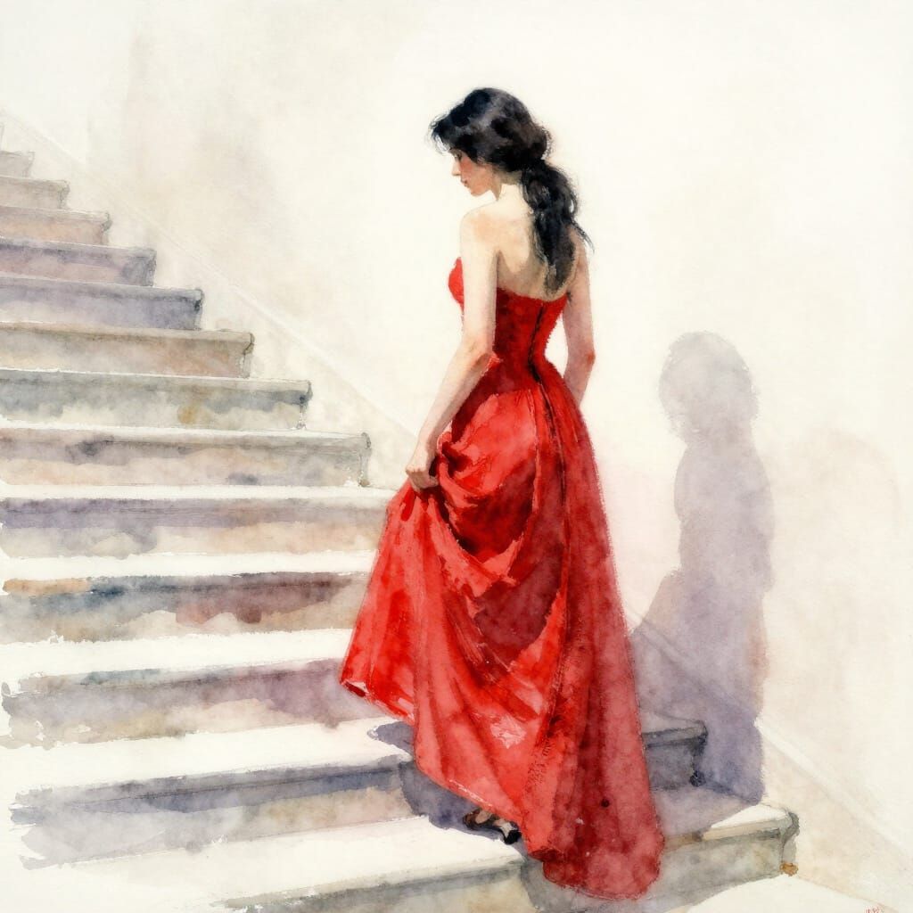 Woman in Red Gown Descending Stairs in Watercolor Style