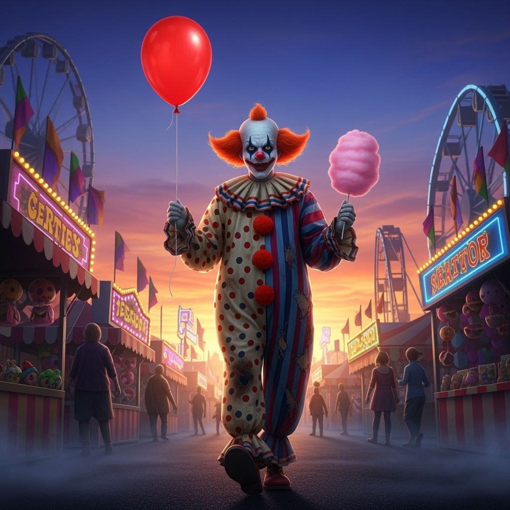 Eerie Carnival Clown with Red Balloon