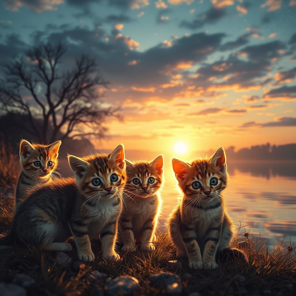 Whimsical Kittens Bask in Sunset Glow