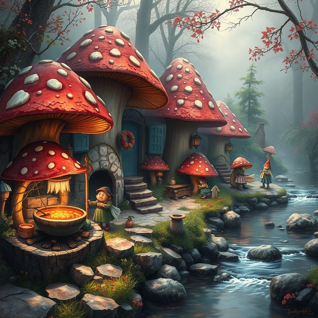 Whimsical Mushroom Village in Ethereal Mist