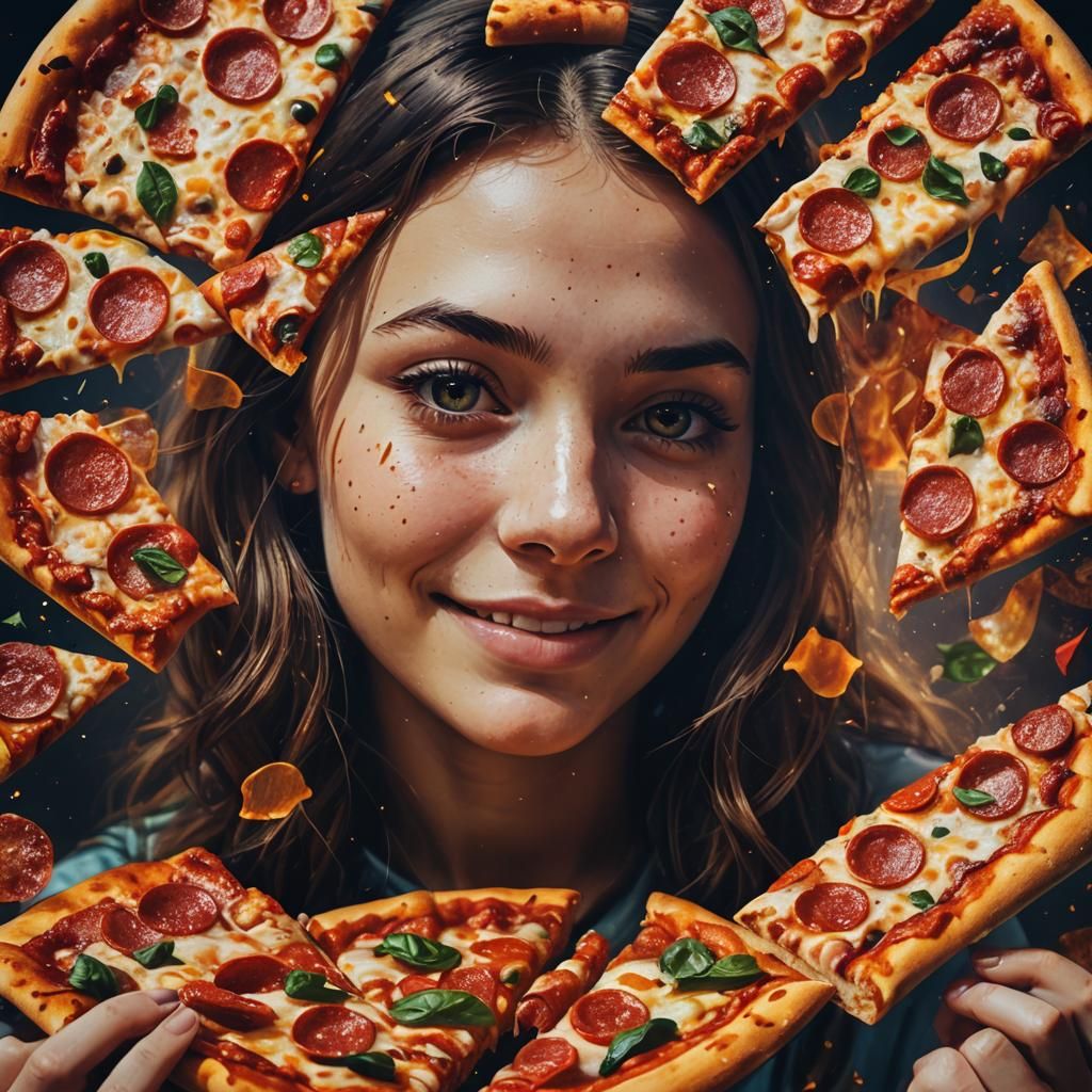 Girl Contemplates Giant Pizza: Vibrant Double Exposure