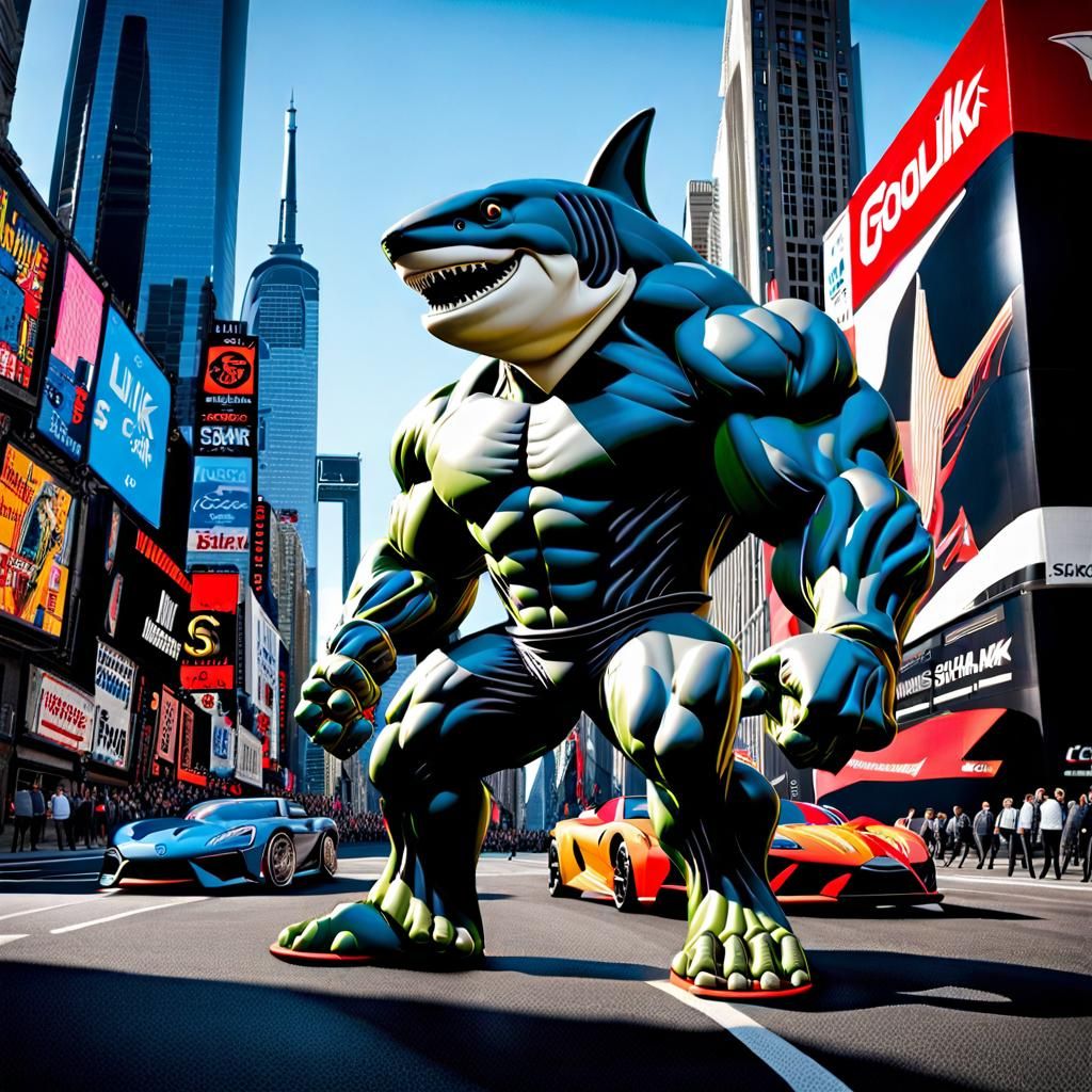 Colossal Sharkman in City, 3D Octane Photography