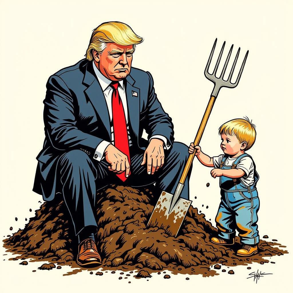 Satirical Caricature: Trump on a Manure Pile