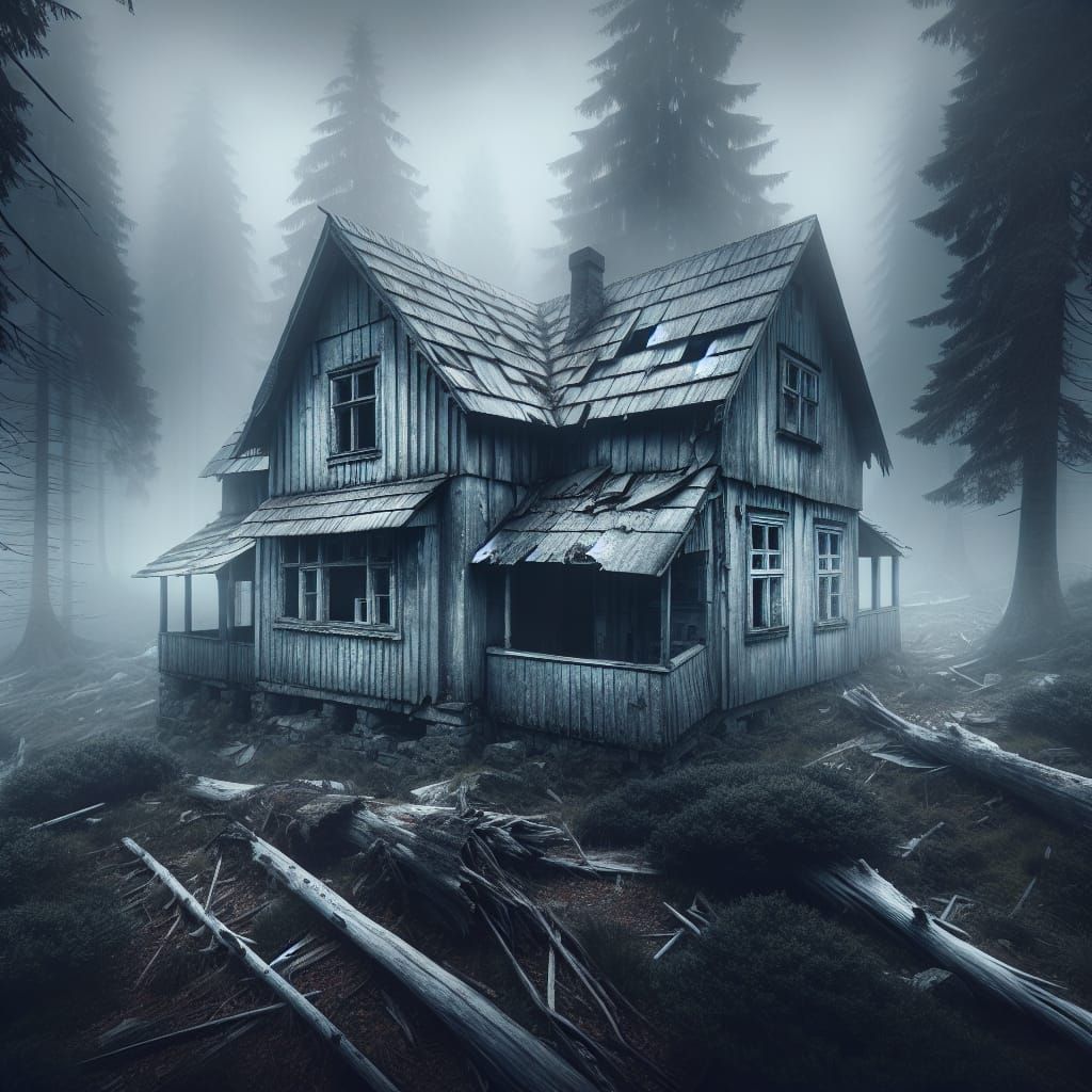 Melancholic Cabin in Diseased Forest: Hyperreal HDR Image