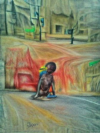 Starving homeless african child on a lonely street oil on canvas pencil sketch chalk art abstract 8K 3D
