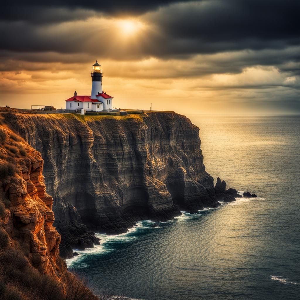 Hyperrealistic Lighthouse on Cliff with Colorful Background