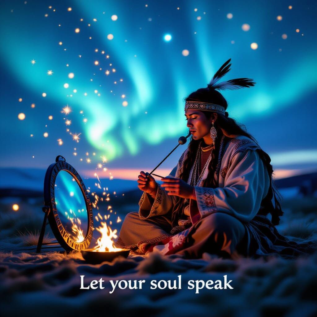 Shaman Under Aurora Borealis with Floating Lights