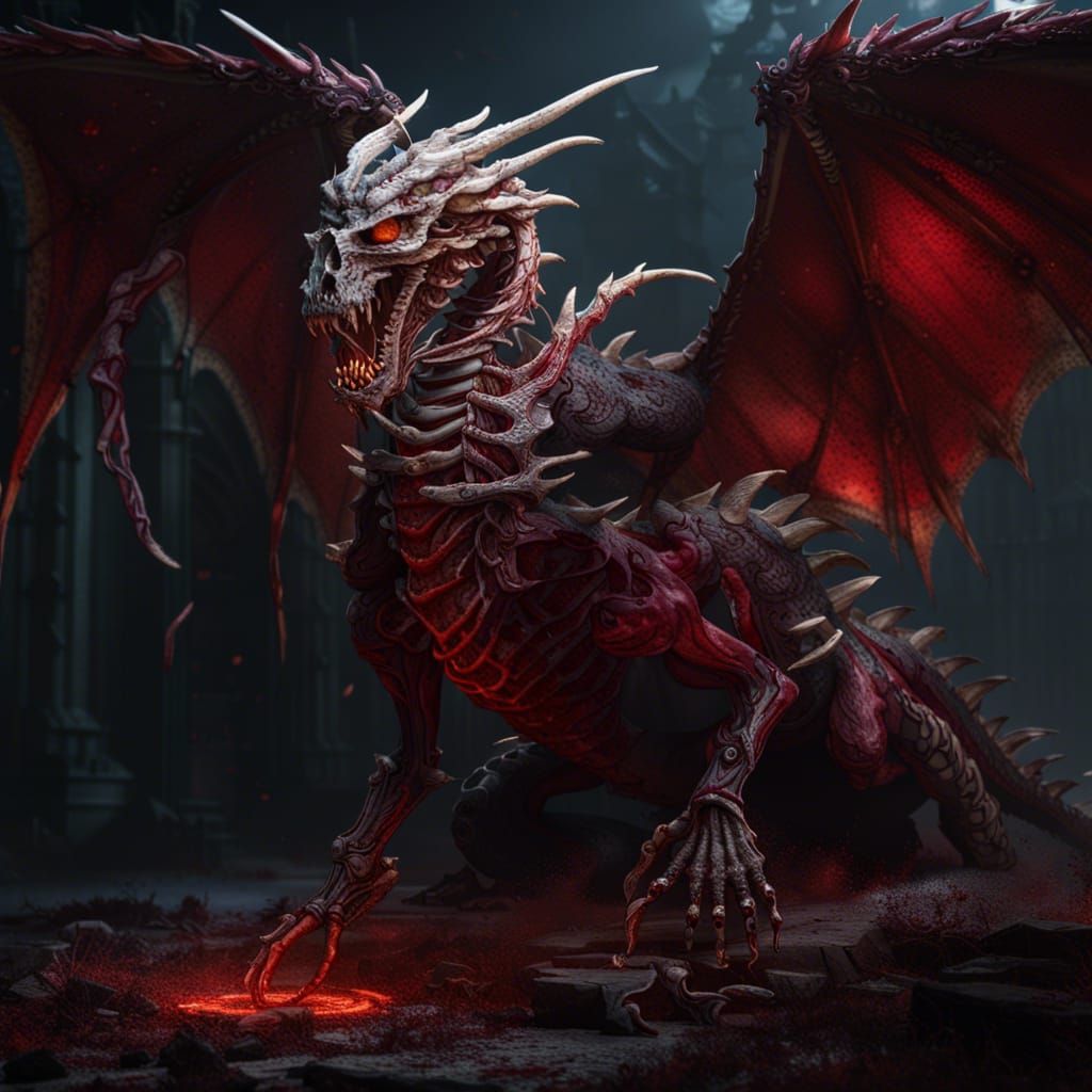 Blood-Soaked Skeleton Dragon in Dark Fantasy Style