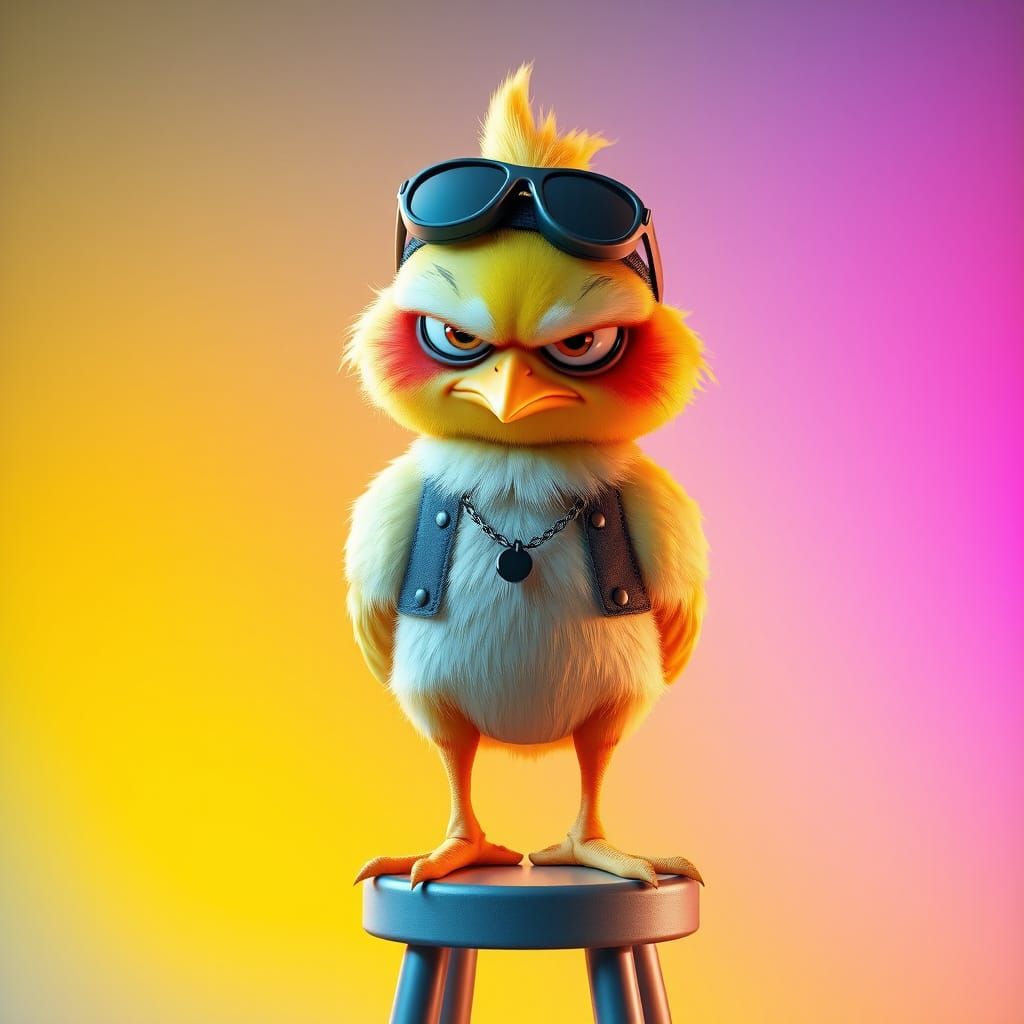 Grumpy Chick on Stool in Pixar-Disney 3D Style