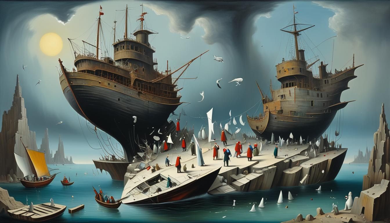 Surrealist Scene: Building Monuments and Boats