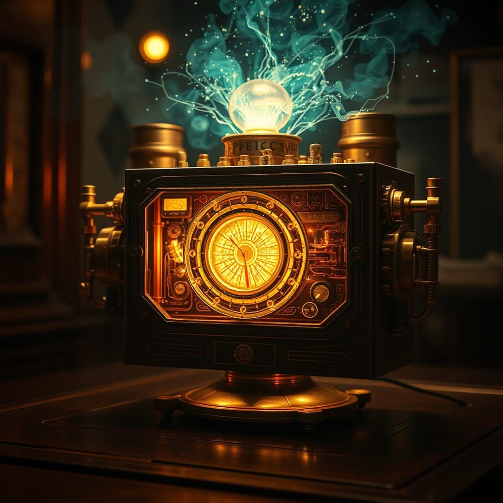 Steampunk Device Emitting Holographic Aura in Cinematic Ligh...