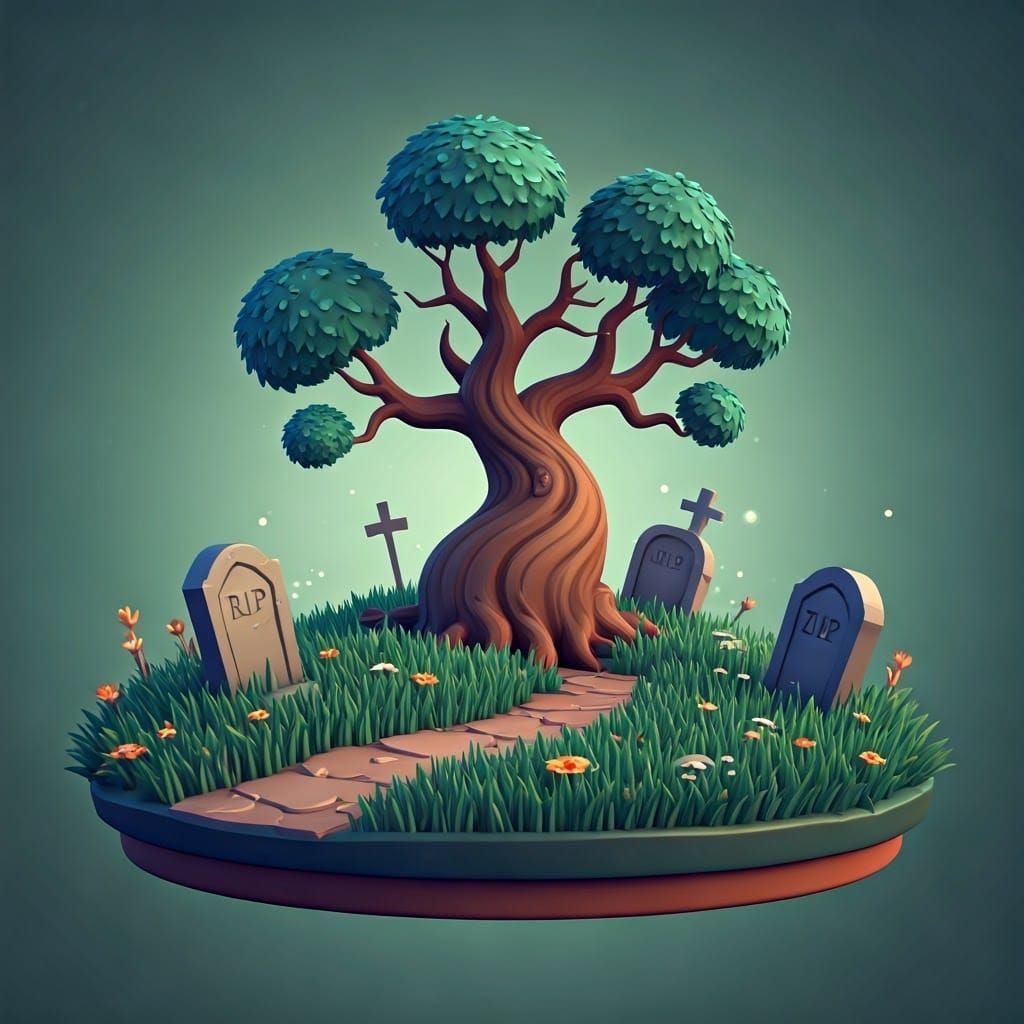 Whimsical Cartoon Cemetery Scene under Soft Moonlight