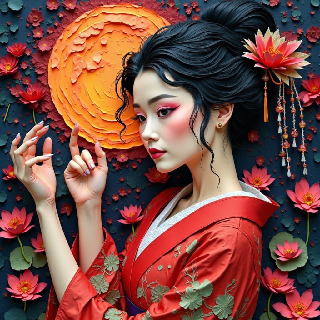 Geisha in Mirrored Pond: Papercut Style Portrait