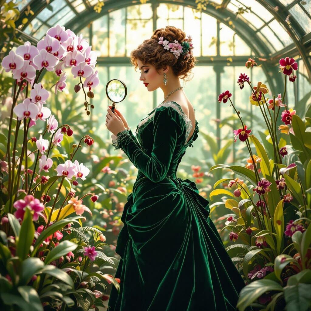 Victorian Lady with Cherry Blossoms in Greenhouse