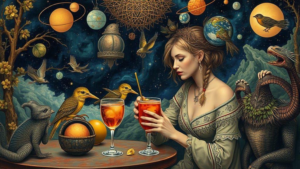 Cosmic Cafe: Woman with Nest in Surreal Psychedelic Art