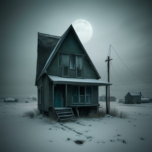 Eerie Shack in Moonlit Snowstorm
