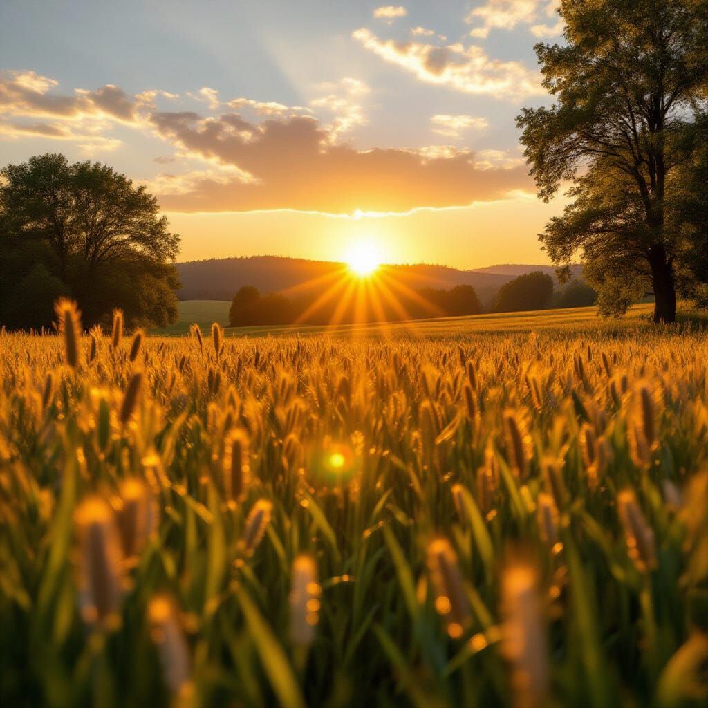 Golden Hour Serenity: Sun Setting Over Hazy Landscape