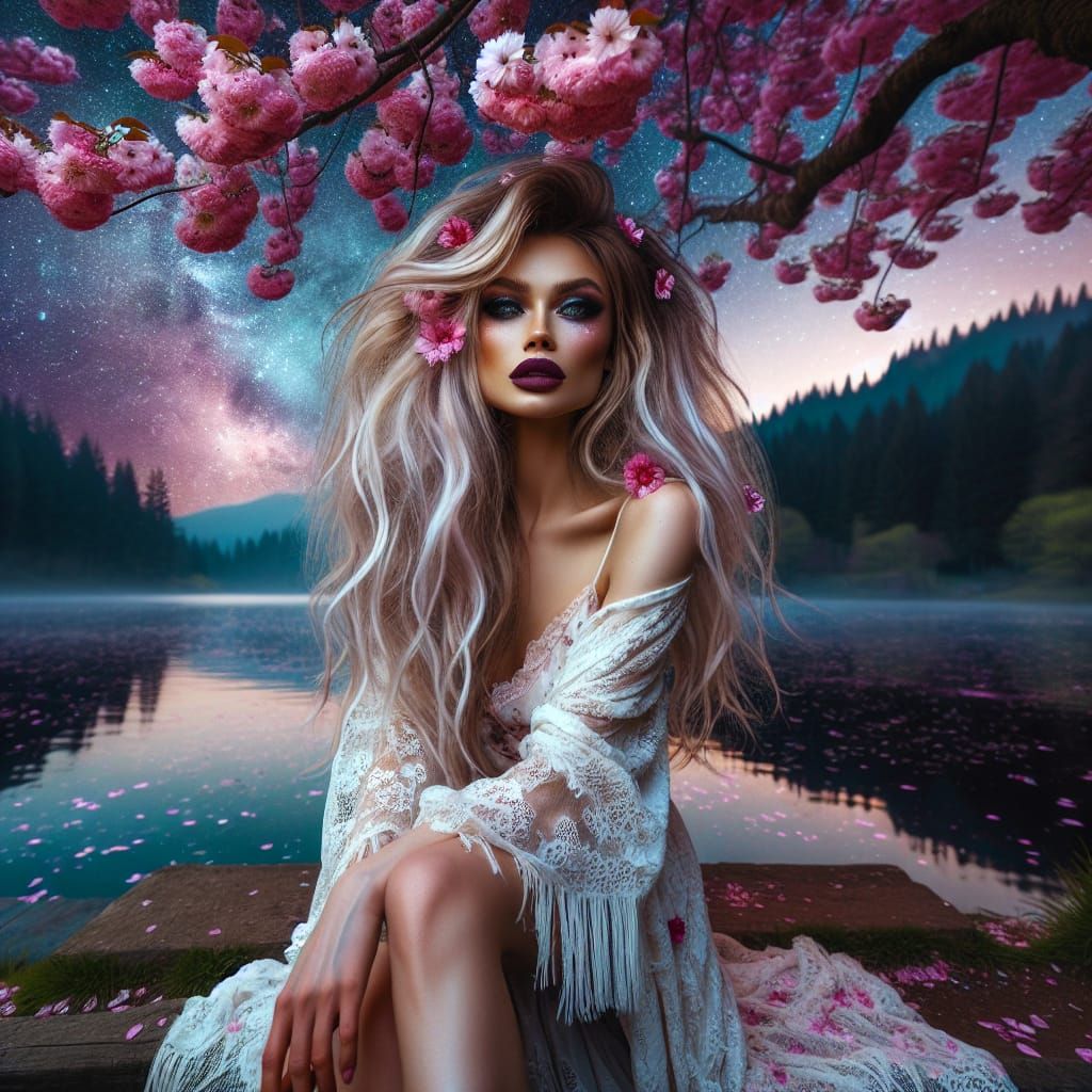 A moon thing, a majestic, cherry blossom tree, vibrant, pink flowers, reflecting on a serene, calm lake. Under the tree ...