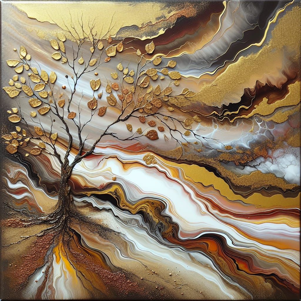 Abstract Autumn Tree in Fluid Art Style