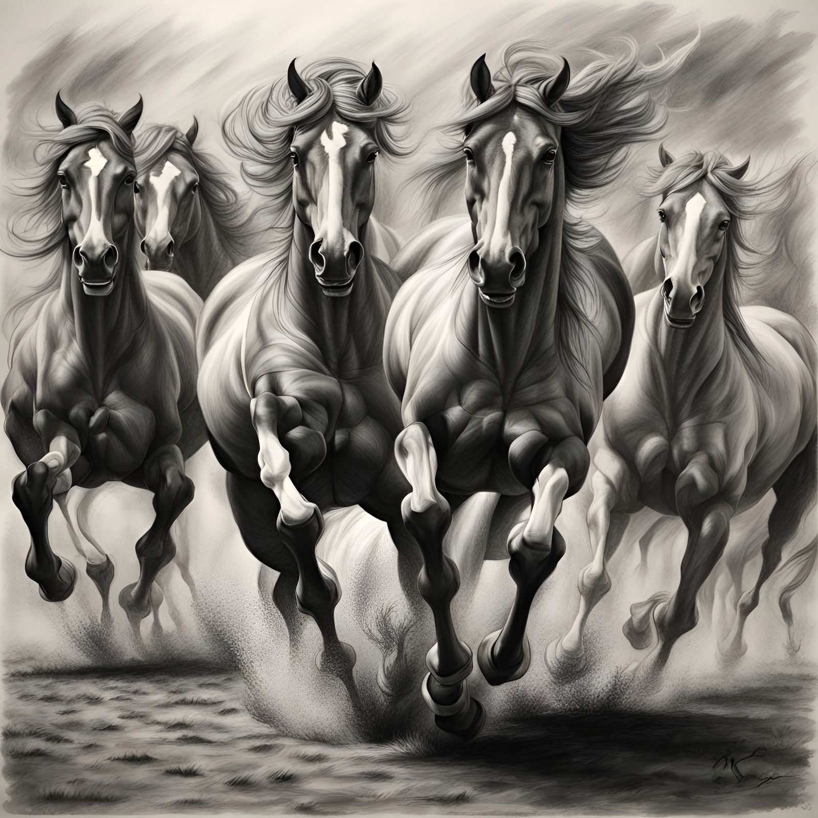 Hyperdetailed Charcoal Drawing of Running Horses in Motion