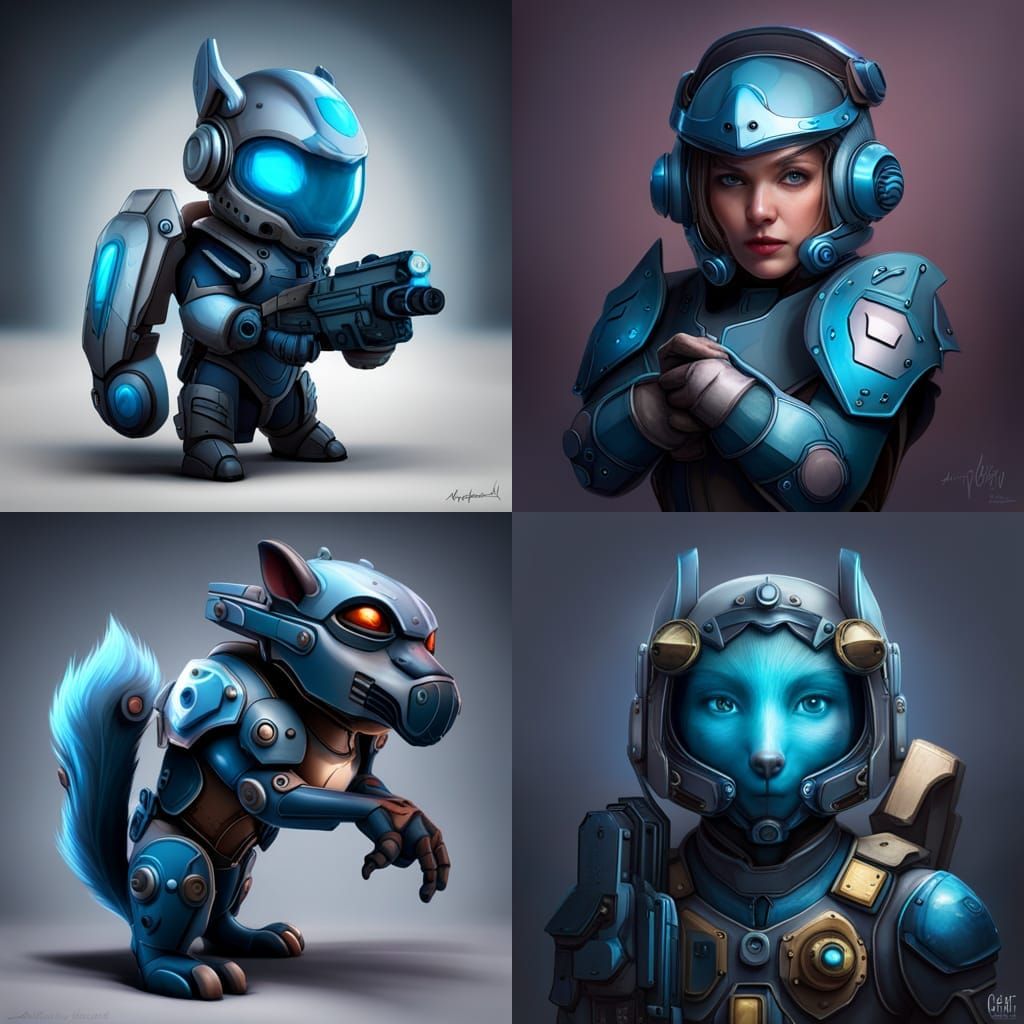 Portrait painting of a cybernetic cute blue squirrell with power armor