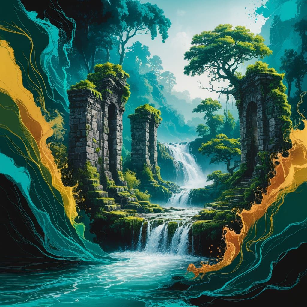 Vibrant Rainforest Vista in Alcohol Ink Style