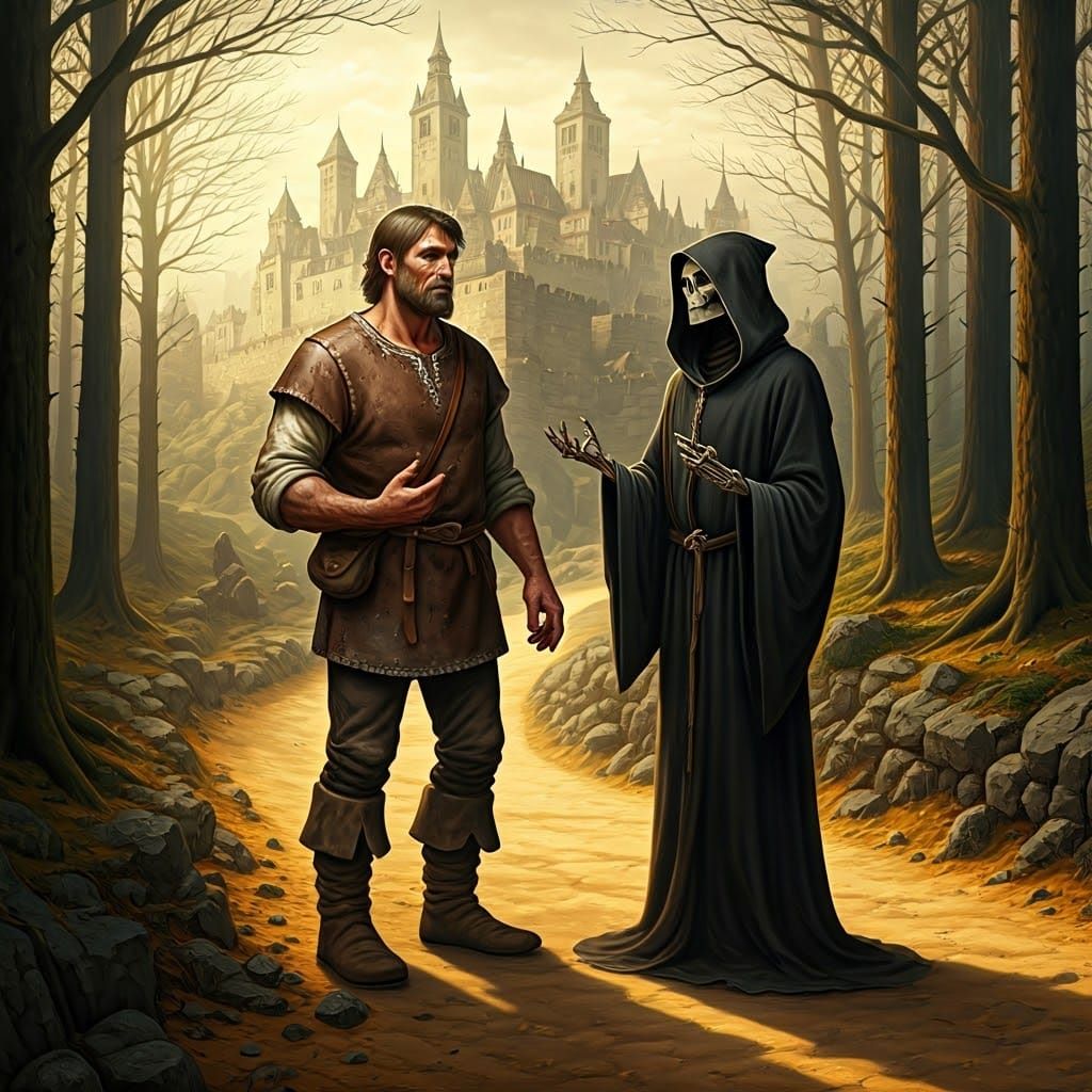 Medieval Farmer Converses with Death in Dark Fantasy Style