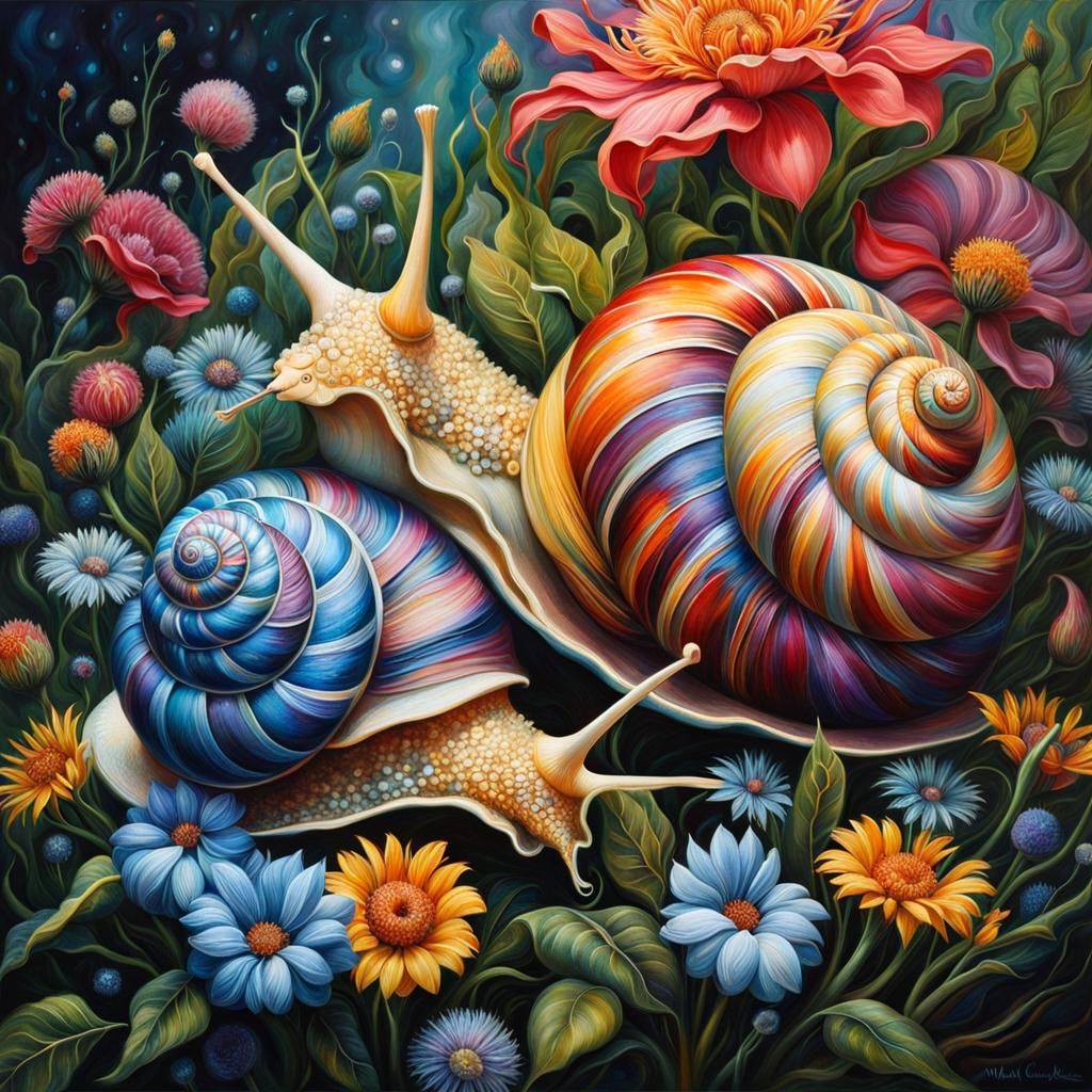 Hyperdetailed Fantasy Painting of Two Perfect Snails